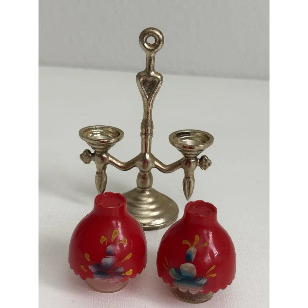 Vintage Mini Oil Lamp Salt Pepper Shakers Red Glass Brass Tone Holder